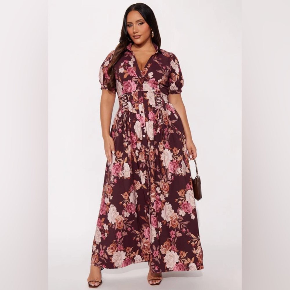 Fashion Nova Burgundy and Pink Floral Maxi Dress
